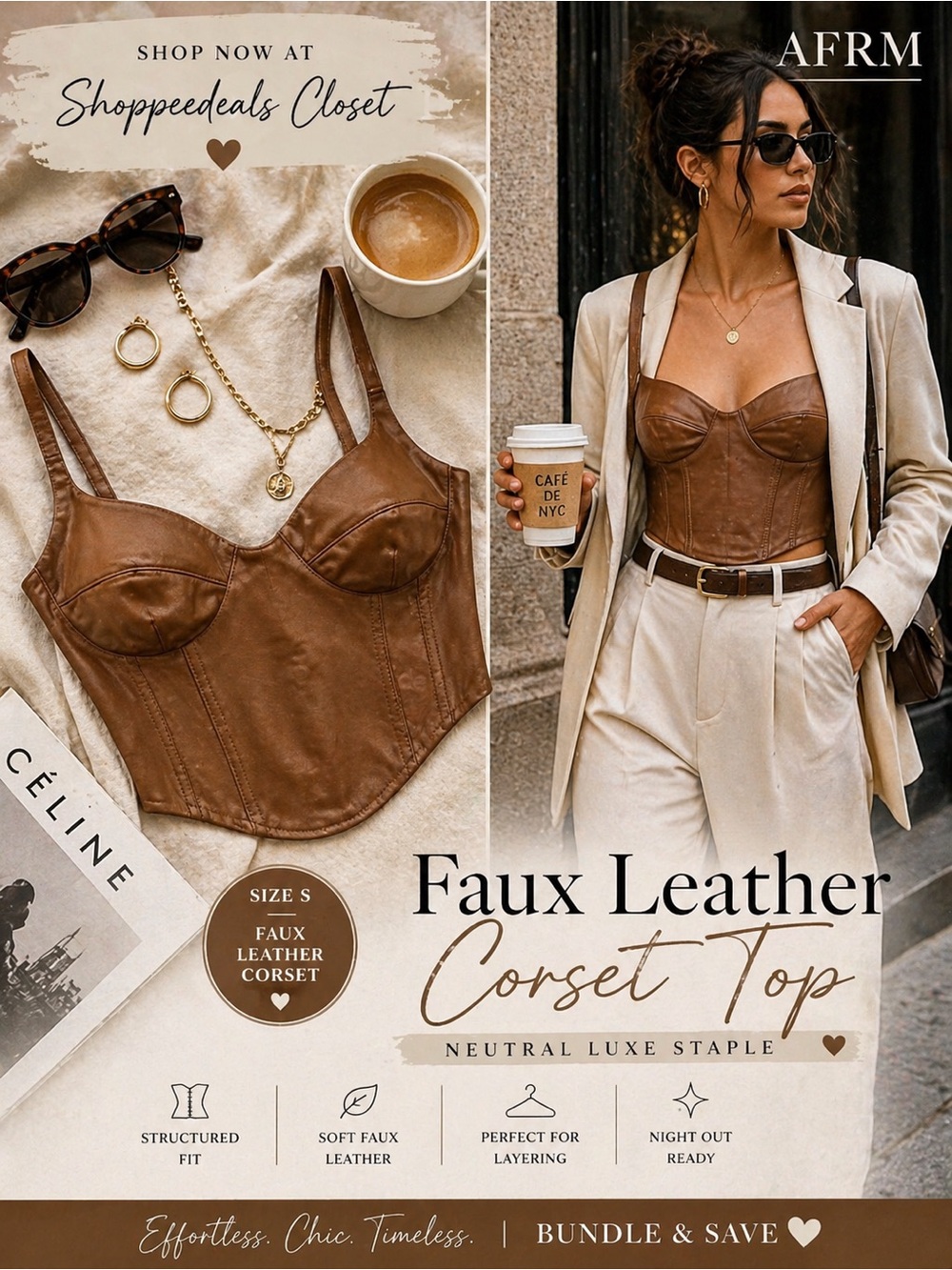 AKIRA Faux Leather Brown Bustier Corset Top | Structured Zip Front